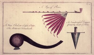 Ancienne hache, calumet de la paix et poignard, vers 1590 - John White